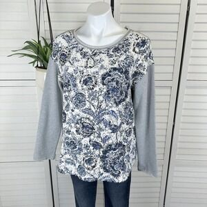 Sundance Catalog‎ L Caraway Lace Pullover Sweatshirt Top Gray Blue Floral Shirt